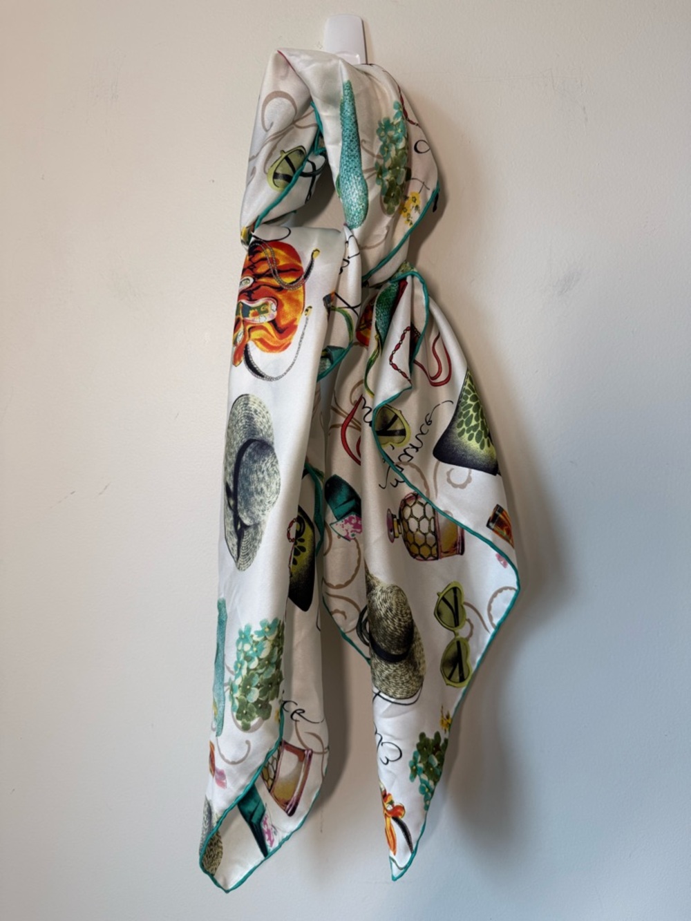 Fraas silk scarf Features Girlie accessories colorful. Teal border. 35” square